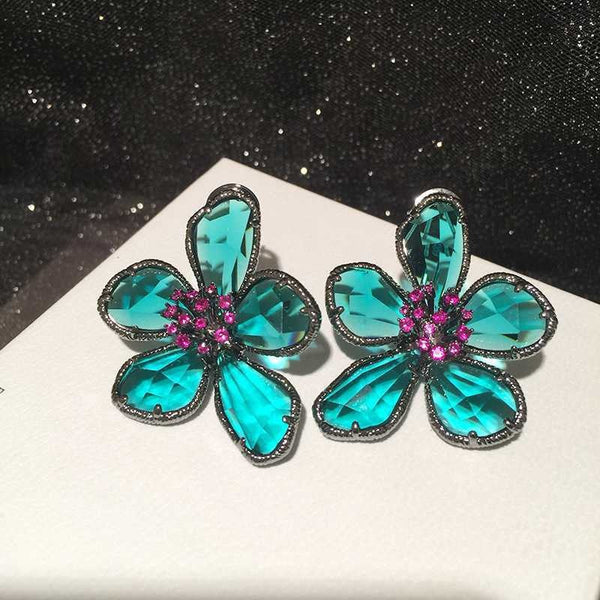 Veile Studios S925 Silver Framed Hot Pink Pistil Turquoise Blue Rhinestone Flower Earrings Ring Brooch Female Fashion Jewellery Jewellery Sets