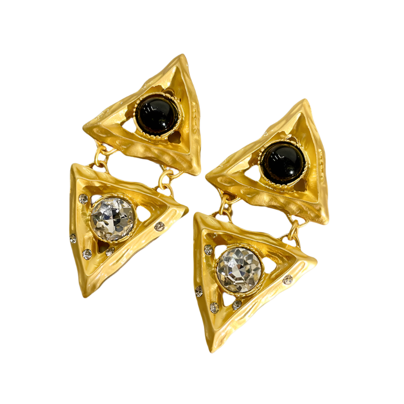 Veile Studios Middle Aged Crystal Hollow Diamond Triangle Embossed Geometric Design Earrings