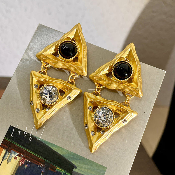 Veile Studios Middle Aged Crystal Hollow Diamond Triangle Embossed Geometric Design Earrings