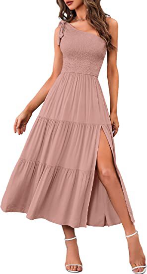 One Shoulder Pleated Layered Hem Split Womens Summer Unique Design Dresses