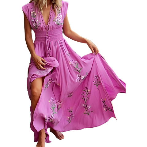 V Neck Fringed Bohemian Print Long Skirt Summer Sleeveless Casual Beach Dress Dresses