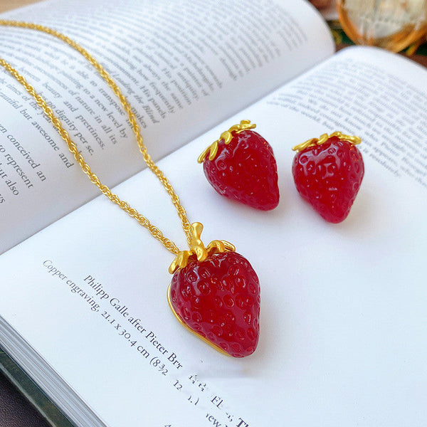 Women's Fashion Red Strawberry Shape Earrings Necklace