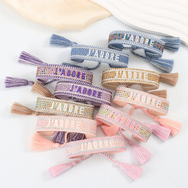 Cross Border Fully Ironed Colorful Diamond Woven Diy Bracelet Accessories For Women Creative Ethnic Embroidery Letter Rope Charms & Charm Bracelets