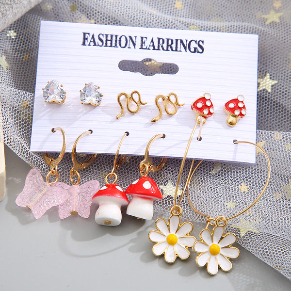 Veile Studios 6 Pairs Creative Flower Mushroom Butterfly Snake Drop Earrings