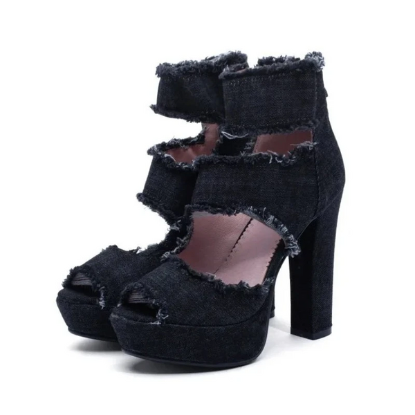 Pxelena Peep Toe Denim Sandals Women Square Block High Rome Gladiator Ladies Shoes Retro Punk Rock Gothic Heels