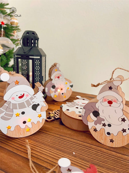 Christmas Nordic Style Decorations Window Display Santa Claus Snowman Glowing Wooden Hanging Ornament 2 Of Them Seasonal Decorations