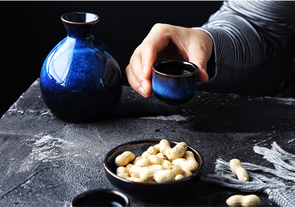 Blue Ceramic Japanese Sake Set Cups & Saucers