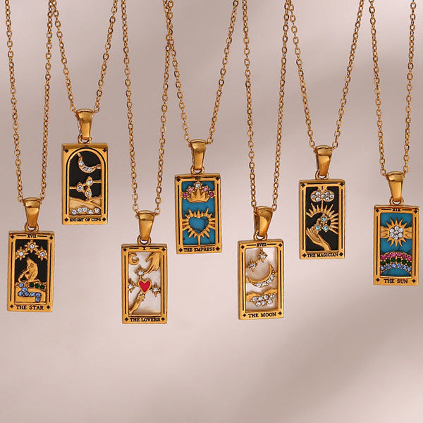 Veile Studios Classic Gold Tarot Cards Pendant Necklace Jewelry Sun Lover Star Moon Magician Necklaces & Pendants
