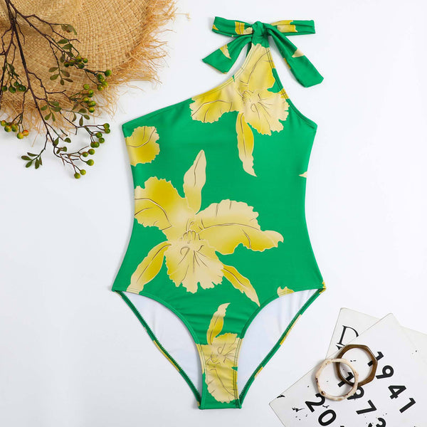 One Piece Printed Swimsuit Women's European And American Retro Single Shoulder Beach Skirt Set Swimwear