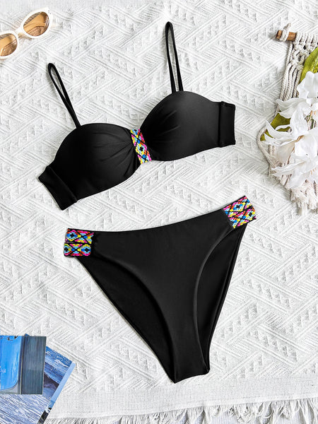 Bikini Set With Woven Straps And Rigid Cups Backless  Two Piece Swimsuit Swimwear