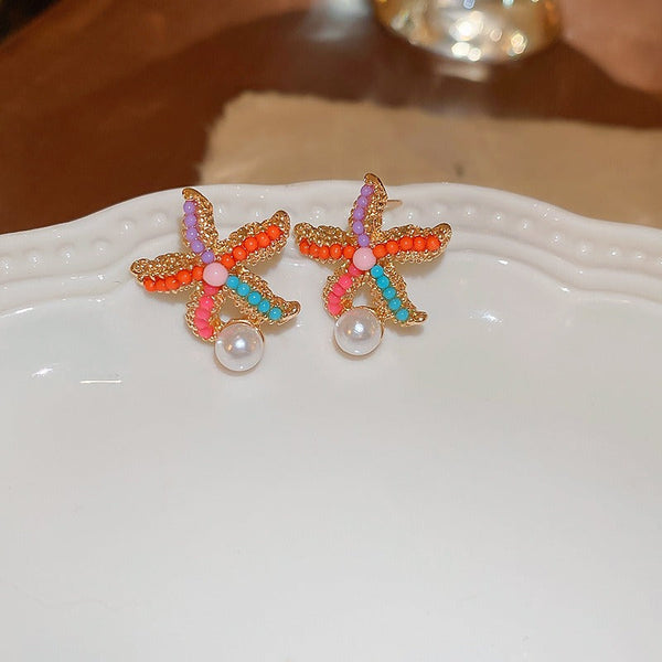 Veile Studios Cute Colourful Starfish Pearl Simple For Casual And Formal Use Earrings