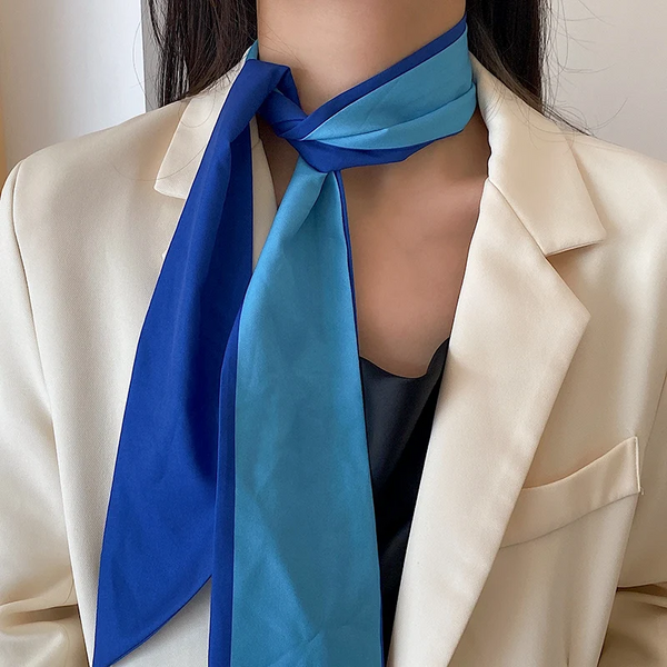 Luna&Dolphinwomen Spring Silk Feeling Skinny Scarf 130X8cm Ins Ocean Blue Color Summer Chiffon Bag Ribbon Headbands Streamer Scarves & Wraps