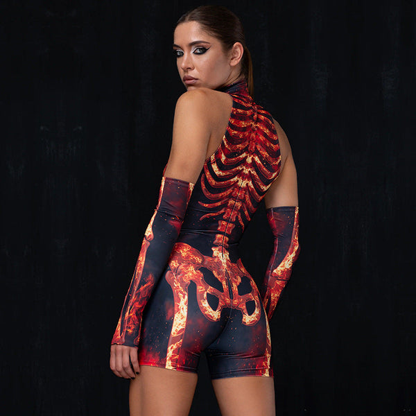 High Neck Sleeveless Skull Print Hollowed Out Sleeves Tight Elastic Jumpsuit Jumpsuits Rompers & Playsuits