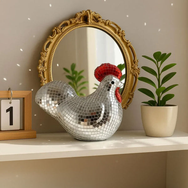 Ornamental Chicken Sculpture With Mirror Tiles Figurines