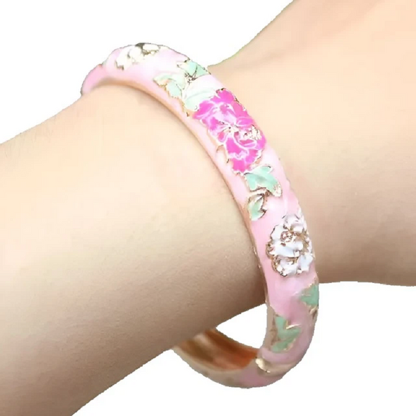 Peony Flower Chinese Filigree Traditional Cloisonne Enamel Ethnic Spring Hinged Cuff Bangles For Women Bracelets