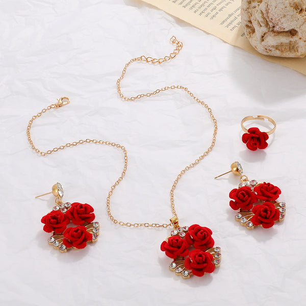 4Pcs/Set Romantic Lovely Red Rose Flower Inlaid Rhinestone Pendant Necklaces+Dangle Earrings+Ringfor Women Valentine's Day Gift Necklaces & Pendants