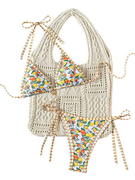 Women's Fruit Print Tie Strap  Bikini Two Piece Swimsuit Swimwear