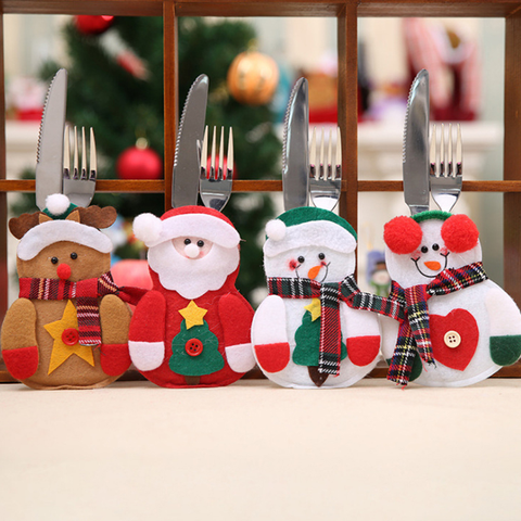 4Pcs Christmas Decorations Snowman Kitchen Tableware Holder Bag Party Xmas