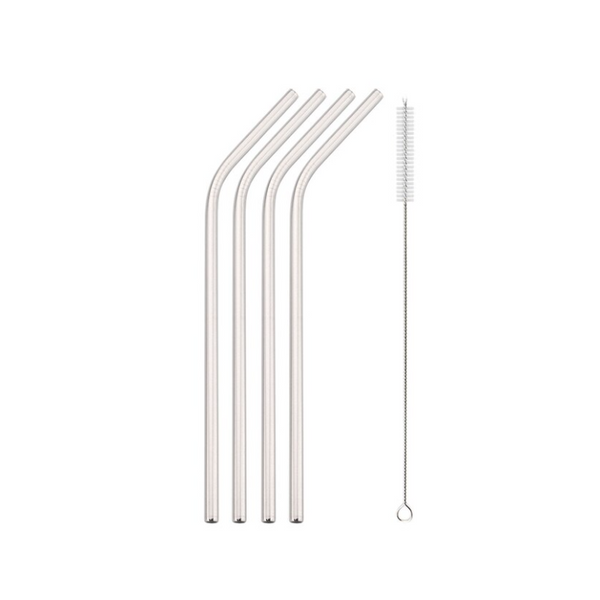304 Stainless Steel Colorful Curved Straw 4Pcs With Brush Silver Straws & Stirrers
