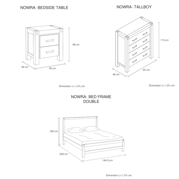 4 Pieces Bedroom Suite In Solid Wood Veneered Acacia Construction Timber Slat Double Size Chocolate Colour Bedside Table & Tallboy Dressers & Chests O