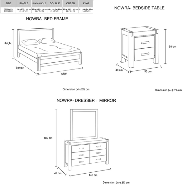 4 Pieces Bedroom Suite In Solid Wood Veneered Acacia Construction Timber Slat King Size Oak Colour Bedside Table & Dresser Dressers & Chests Of Drawer