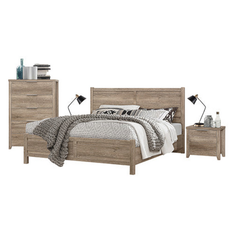 4 Pieces Bedroom Suite Natural Wood Like Mdf Structure King Size Oak Colour Bed, Bedside Table & Tallboy