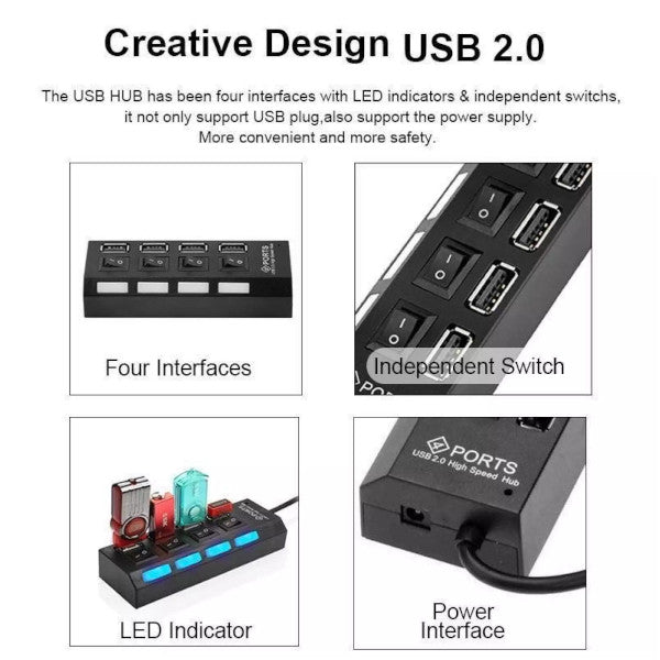 4 Port Led Usb Hub Four Ports 2.0 Concentrator With Light And Separate Switch For Mobie Cellphone High Quality
