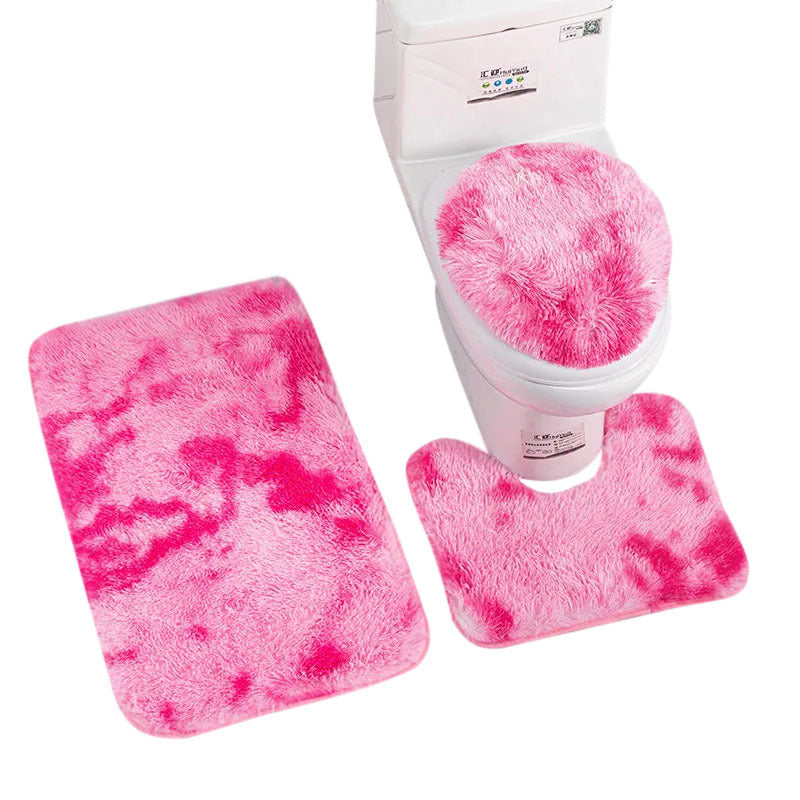 Bath Mat 3Pc Rose Pink Bathroom Silk Tie Dye Non Slip Rug Toilet Covers Bath Mats Rugs & Toilet Covers