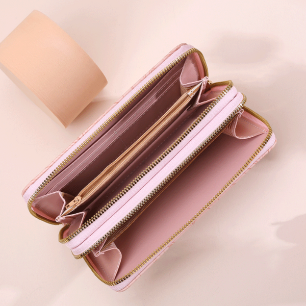 Elosung 2 Pcs Pink Elegant Floral Embossed Long Wallet With Double Zipper Wallets