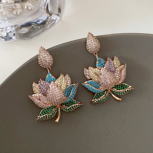 Veile Studios Lotus Plant Flower Inlaid Diamond Shaped Copper Earrings