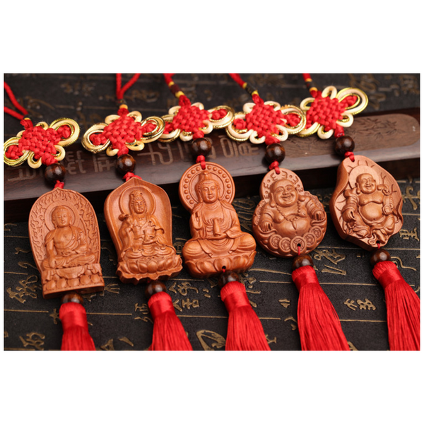 Car Interior Design Supplies Peach Wood Carved Lotus Guanyin Rearview Mirror Pendant Wall Hanging Wall Hangings