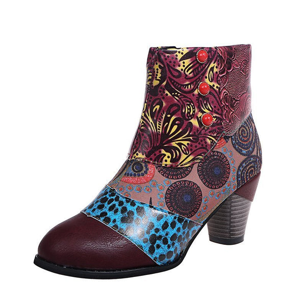 Bohemian Women's Boho Retro Block High Heels Zipper Boots