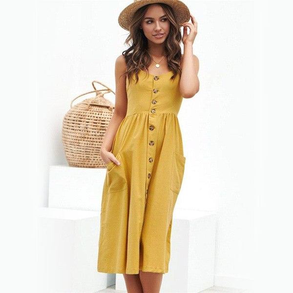 Yellow Boho Cotton Casual Midi Sundress Women Summer Dress Dresses