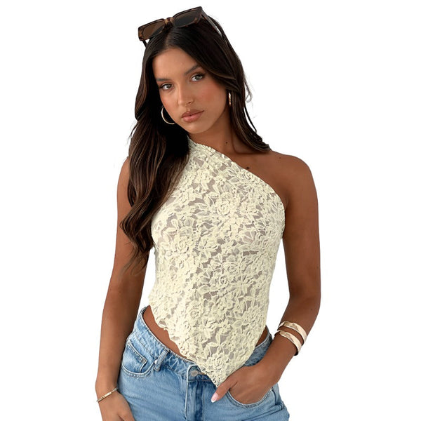 Tops Ins Lace Backless Top Summer Solid Colour Waistless Asymmetrical Neck Vest Women Clothing