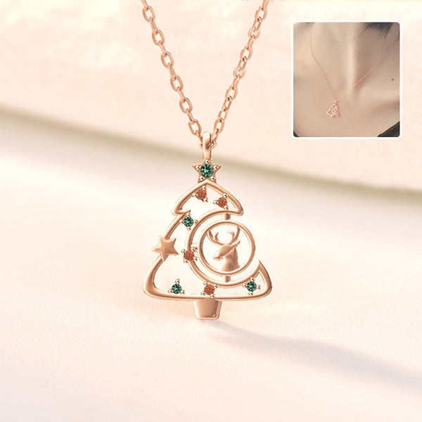 Veile Studios S925 Elk Christmas Tree Necklace Fashion Style Zircon Clavicle Chain Jewelry Necklaces & Pendants