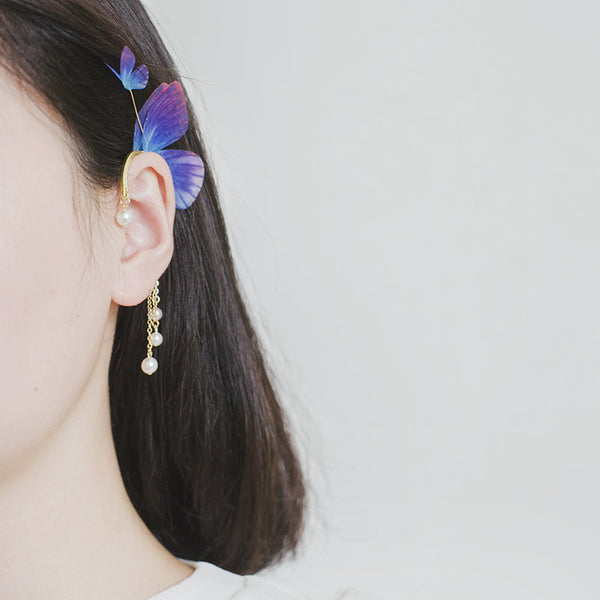 Women's Crystal Pearl Flowing Butterfly Earrings Clip Cuff No Piercing