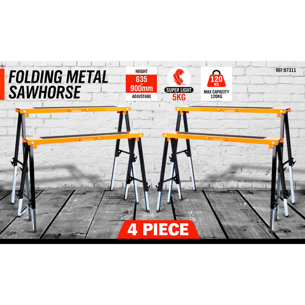 Horusdy 4Pc Mastercraft Sawhorse Metal Folding Non Slip Surface Horse 120Kg Capacity Jacks Stands & Sawhorses