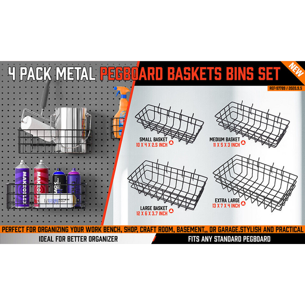 Horusdy 4Pc Pegboard Baskets Set Storage Bins Board Organizer Size Display Hangers Other Tool Storage