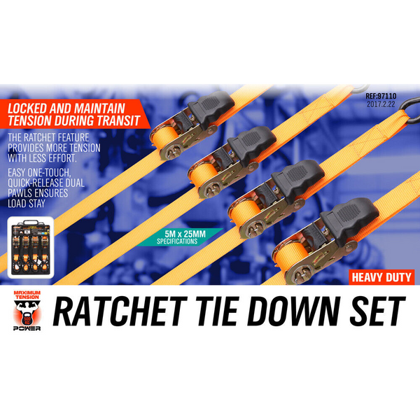4Pc Ratchet Tie Down Strap Set 25Mm X Heavy Duty 500Kg Capacity Commercial