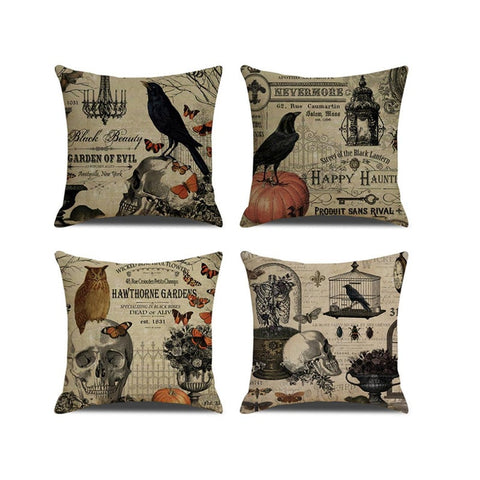 4Pcs Halloween Skull Pillowcase Digital Printed Linen Cushion Cover Cushions & Decorative Pillows