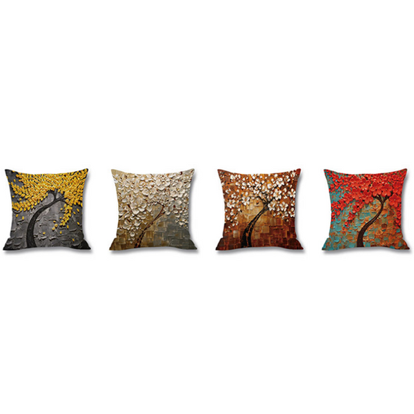 4Pcs Oil Painting Tree Printed Flax Square Pillow Cover Sofa Bed Cushion Cushions & Decorative Pillows