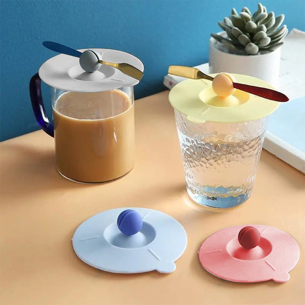4 Piece Set Antidust Silicone Cup Lid Mug Cover With Spoon Holder Hot Drink Mugs
