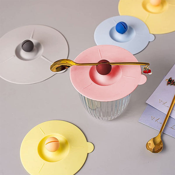 4 Piece Set Antidust Silicone Cup Lid Mug Cover With Spoon Holder Hot Drink Mugs