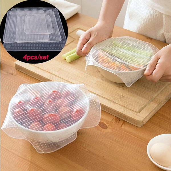 4Pcs / Set Reusable Silicone Bowl Cover Food Wrap Seal Vacuum Lid Cling Film Foil & Food Wraps