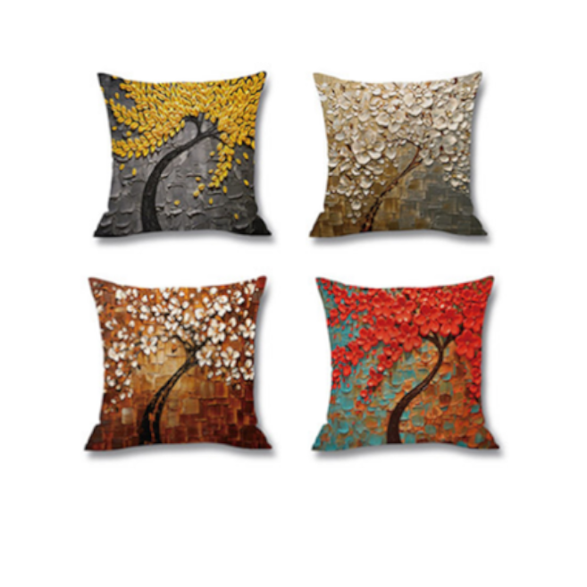 4Pcs Oil Painting Tree Printed Flax Square Pillow Cover Sofa Bed Cushion Cushions & Decorative Pillows