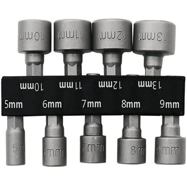 5 13Mm / 4 Inch Hex Shank Crv Screwdriver Socket Sleeve Nozzles Nut Driver Drill Bit Adapter 9Pcs Silver Drill Bits