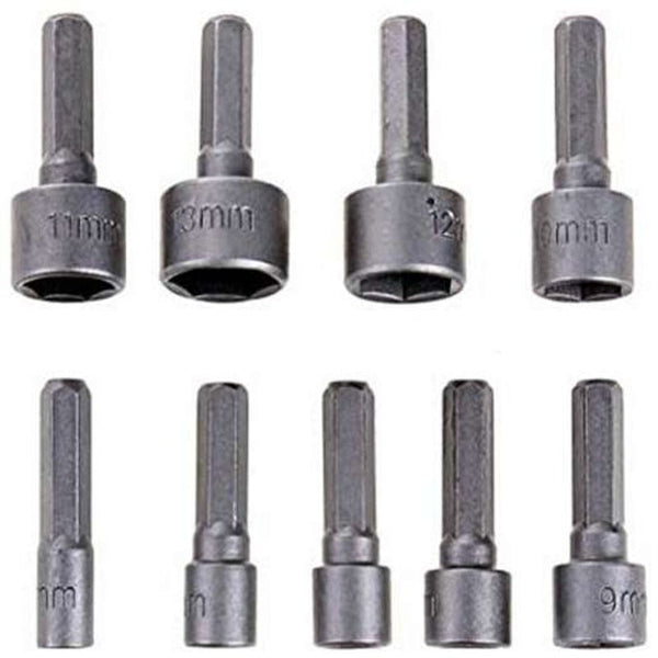5 13Mm / 4 Inch Hex Shank Crv Screwdriver Socket Sleeve Nozzles Nut Driver Drill Bit Adapter 9Pcs Silver Drill Bits