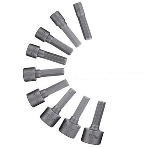 5 13Mm / 4 Inch Hex Shank Crv Screwdriver Socket Sleeve Nozzles Nut Driver Drill Bit Adapter 9Pcs Silver Drill Bits