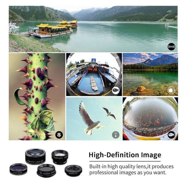 Phone Accessory Kits 5 In 1 Mobile Lens 198 Fisheye 0.63X Wide Angle 15X Macro 2X Telescope Cpl For Iphone Samsung Huawei Xiaomi Smartphone Other Mobi
