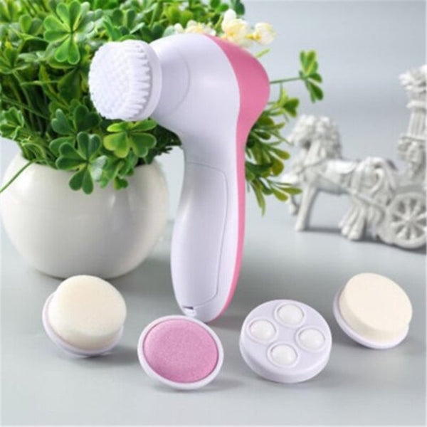 5 In 1 Multifunction Electric Face Facial Cleansing Cleanser Brush Massager Tool White And Pink